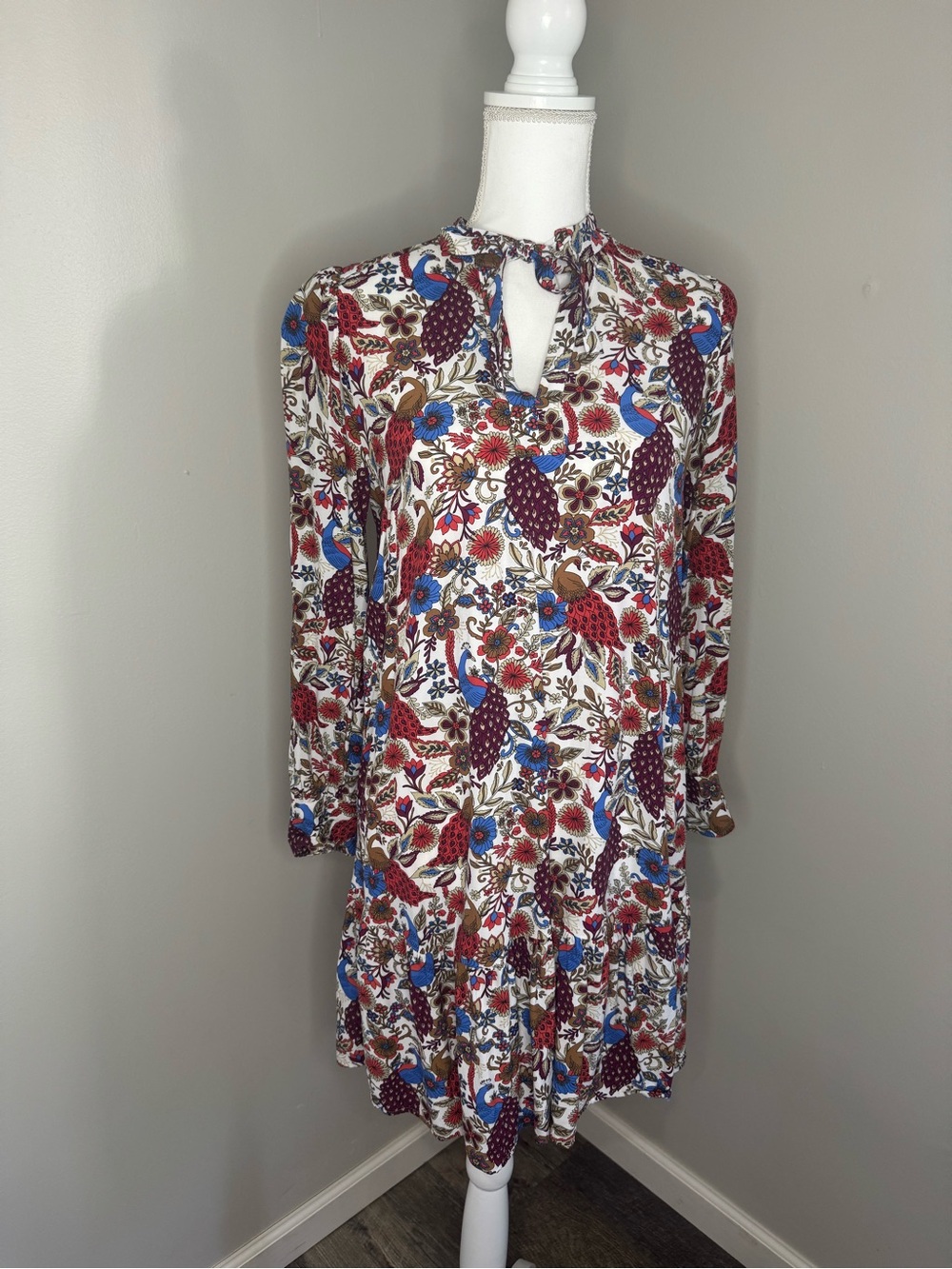 LOFT Multi Floral Keyhole Long Sleeve Dress